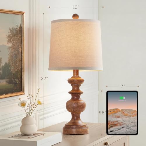 Farmhouse Table Lamp Set of 2, Rustic Table Lamps for Living Room Bedroom, 22" Mid Century Modern Desk Lamp Bedside Nightstand Lamps with Linen Tapered Drum Shades, Wood Grain - color: Wood Grain