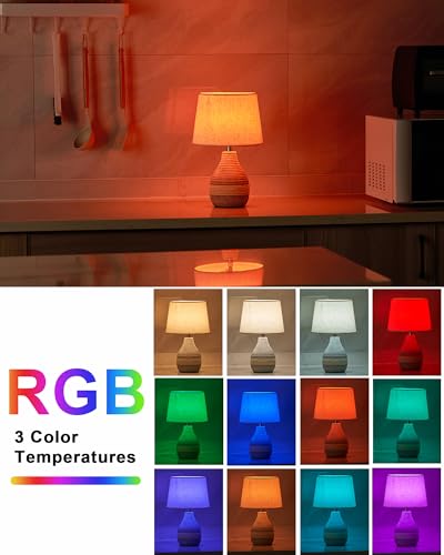 UMEXUS 13" Small Ceramic Cordless Table Lamp, Rechargeable Battery, Coastal | Timer, Dimmer, Linen Shade, Remote Control RGB & Warm Lights, Farmhouse Home Decor Kitchen Counter Living Room Side Table - size: Small-13"H-Rope accent design