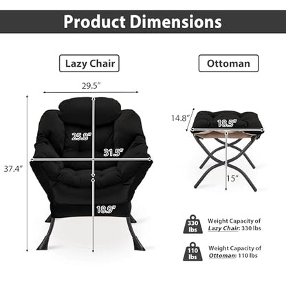 Youtanic Lazy Chair with Folding Ottoman, Accent Chair Velvet Upholstered with Metal Structure and Non-Slip Pads, Sofa Armchair with Footrest and Side Storage Bag for Dorm, Room, Office, Black - color: Black-f
