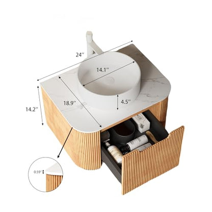 24” Floating Bathroom Vanity with Sink, Fluted Wall-Mounted Solid Wood Cabinet, White Ceramic Round Basin, Faux Marble Top, Soft-Close Drawer, Pre-Assembled, Natural Woodgrain - color: 02 - Natural Woodgrain, size: 24"