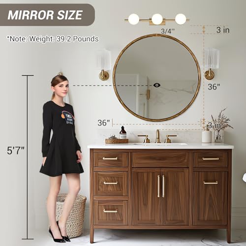 36 Inch Hand-Forged Round Gold Mirrors, Hammered Bathroom Round Wall Mirror for Over Sink, Solid Steel Metal Frame Vanity Circle Mirror for Antique, Vintage, Farmhouse, Rustic - color: Gold, size: 36"L x 36"W