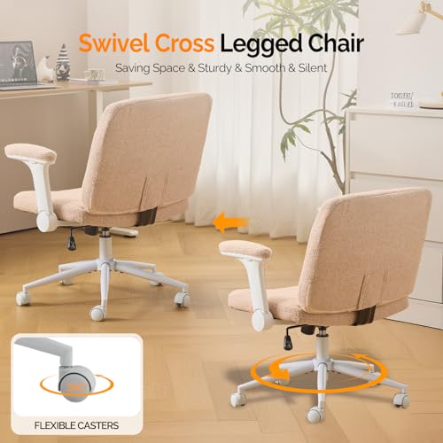 VINGLI Criss Cross Chair with Adjustable Flip-Up Arms,Cross Legged Chair with Wheels,Extra Wide Office Chair,Desk Chair for Home Office,Vanity,Bedroom, Apartment,Starry Chenille,Pink - color: Pink