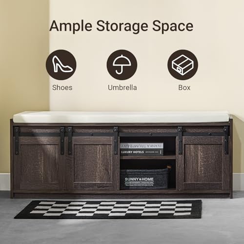 Haotian Entryway Shoe Storage Bench | Shoe Rack Bench with Sliding Barn Doors, Drawer & Padded Seat Cushion, Rustic Window Bench for Mudroom