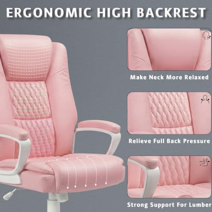 Home Office Executive Desk Chair, High Back PU Leather Chair, Height Adjustable Swivel Computer Chair with Padded Armrest, Pink - color: Pink