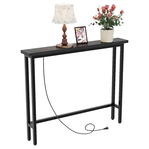 VINGLI 39" Console Table with Power Outlet, 5.9" Narrow Sofa Table, Black | Entryway Table with Charging Station & 4.9 Ft Extension Cord & Adjustable Feet, behind Couch Table for Living Room, Hallway - color: Black, size: 39.37"