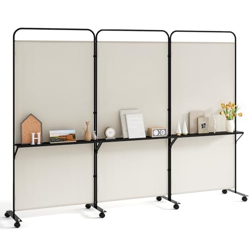 Giantex 3 Panel Room Divider with Wheels and Shelves, 103" W x 74" H Folding Privacy Screen, Rolling Partition Separator for Home Office Studio, Fabric Wall Divider for Room Separation (Beige) - color: Beige