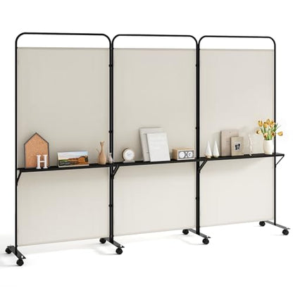 Giantex 3 Panel Room Divider with Wheels and Shelves, 103" W x 74" H Folding Privacy Screen, Rolling Partition Separator for Home Office Studio, Fabric Wall Divider for Room Separation (Beige) - color: Beige