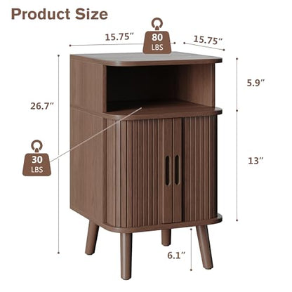 Alohappy Nightstand Set of 2, Mid Century Modern End Table with Storage, Fluted Bedside Table, Wooden Curved Profile Night Stands with Sliding Tambour Door for Bedroom, Living Room, Walnut - color: Walnut