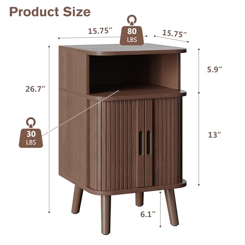 Alohappy Nightstand Set of 2, Mid Century Modern End Table with Storage, Fluted Bedside Table, Wooden Curved Profile Night Stands with Sliding Tambour Door for Bedroom, Living Room, Walnut - color: Walnut