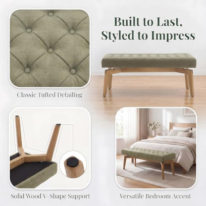 HNY Green Upholstered Bench,45.5 Wood Bedroom Bench,Ottoman | Entryway Bench Storage Bench Modern Tufted Floating Design Window Bench Seat for Living Room Indoor Hallway( Linen) - color: Green Linen