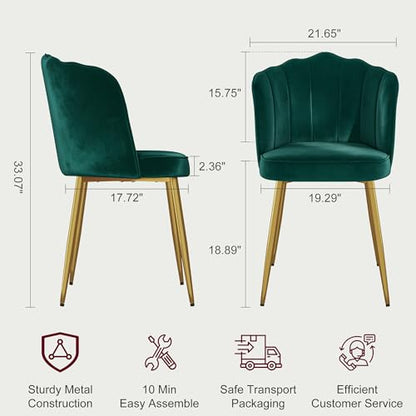 VECELO Velvet Dining Chairs Set of 2, Modern Upholstered Kitchen Chairs with Thick Cushions, Curved Padded Backrest and Metal Legs, for Kitchen, Dining Room, Living Room, Green - color: Green, size: Set of 2