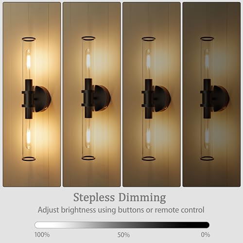 Rayogale Black Wireless Battery Operated Wall Sconces with Remote Control | Glass Rechargeable Wall Lights Set of 2 with Timer Function Dimmable for Living Room Bedroom Emergency 3000K, 20.5 Inch - color: Black(Clear Tubular Lampshade)