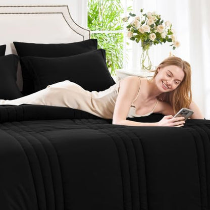 Super King Plus Comforter Set Black - Oversized 128x120 Bed Set | Maximum King-Bed Coverage, 240GSM Down-Alternative Fill, 14" Deep-Pocket Sheets, Shams & Pillowcases, Lightweight - color: Black, size: Super King Plus