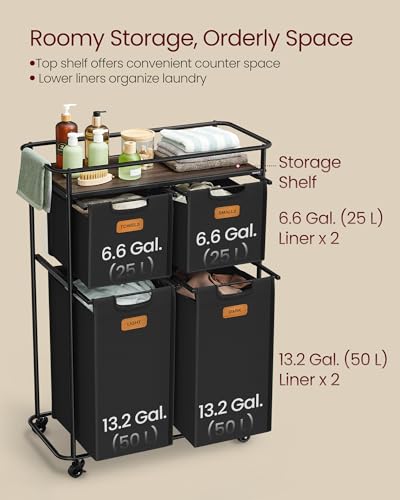 VASAGLE Laundry Sorter with Wheels, 39.6 Gal., 4 Removable Liners | Portable Laundry Cart with Shelf, 150 L, 6 Labels, Ink Black and Chestnut Brown, STEVIE Collection URLS100BH01S - size: 4 Bags