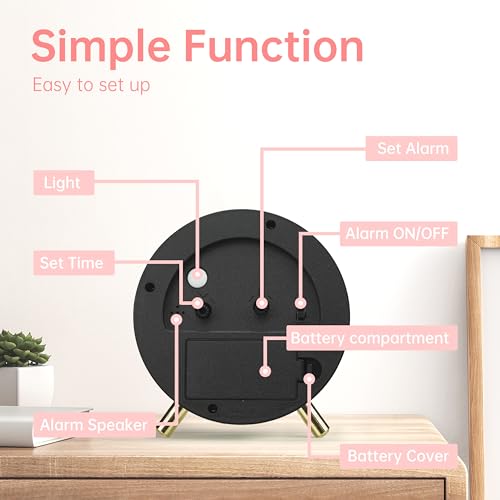 JALL Analog Alarm Clock, 4 inch Super Silent Non Ticking Small Clock with Night Light, Battery Operated, Simple Design, Easy Setting for Office, Bedroom, Bedside, Desk, Teens, Elders, Adult, Pink - color: Pink+gold