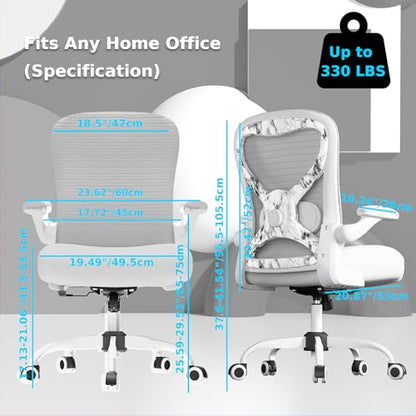 Ergonomic Home Office Chair, 4-Way Lumbar, Thick Cushion, 330LBS | Adjustable Lumbar (up/down/in/out), Rocking Mesh Back, Flip-up Arms, Easy Assembly, Ideal for home offices & small workspaces - color: White+marble