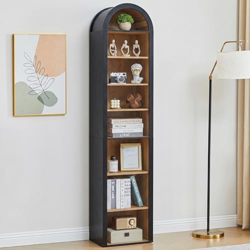 Turtle&Myrtle Tall Narrow Arched Bookshelf, Black, 70 x 15.75 inch | Skinny Arch Book Shelf, Slim Open Display Shelves for Small Space, Tall Thin Bookshelf with Adjustable Shelves - color: Black&natural, size: 11.8"D x 15.75"W x 71"H