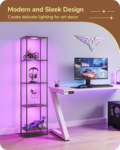 EDISHINE RGBW Floor Lamp with 5-Tier Display Shelves, Remote Control | 2700K–6500K, 3 Lighting Modes, Farmhouse Fire-Burned Wood for Living Room, Bedroom, Office - color: Burnt wood