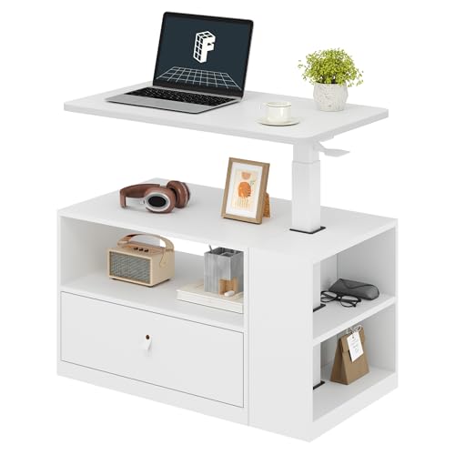 FLEXISPOT H7 CAB 28" Storage Sit-Stand Desk with Pneumatic Lift | Computer workstation desk with drawer and cabinet storage. Compact desk for small spaces and home office.25.8"–41.3", White - color: White+white