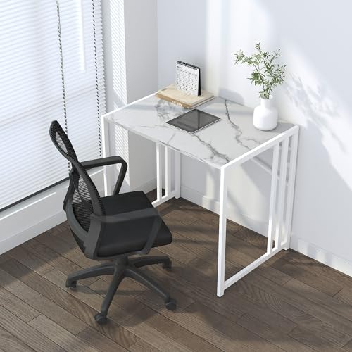 Lutown-Teen 32 inch Folding Small Desk, White Marble | Writing Gaming Computer Camping Desk for Small Spaces, No Assembly Required Home Office Desk - color: White Marble, size: 32 Inch