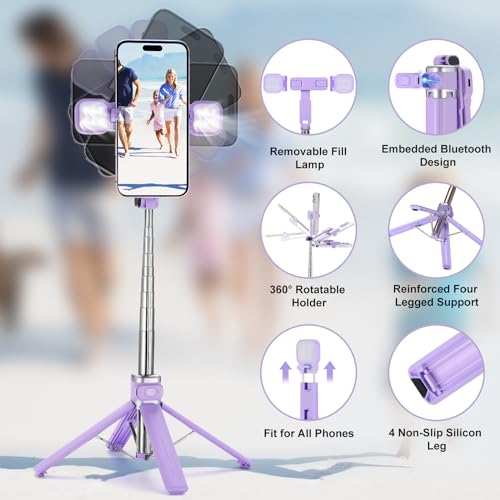 MQOUNY Mini iPhone Tripod Stand & Selfie Stick with Wireless Remote & Removable Light, Extendable Stand 360 Rotation Compatible with iPhone & Android Samsung (Purple) - color: Purple