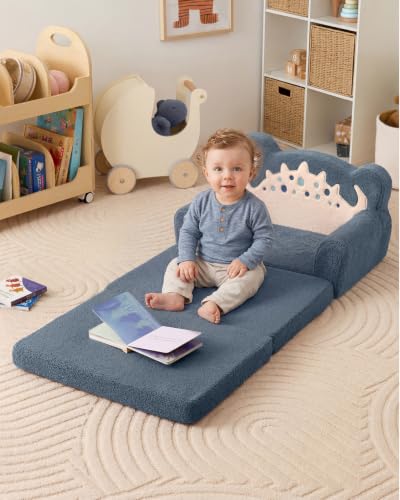 Blissful Diary Kids Couch, 2-in-1 Soft Fold Out Kids Couch, Kids Sofa Chair, Comfy Kids Furniture for Playroom, Reading & Play, Blue Dinosaur - color: Dinosaur Blue