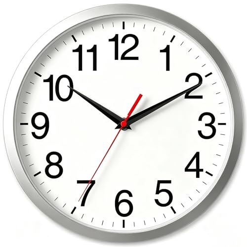 Wall Clock Analog 10 Inch Silver Battery Operated Silent Clock | Easy To Read, Non Ticking, Round, Accurate, Kitchen, Living Room, Classroom, Office, School - color: B_silver, size: 10 Inch
