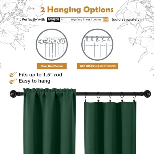 Aiyufeng Ever Green Short 36 Inches Blackout Curtain 2 Panels Set, Half Window Rod Pocket Privacy Curtain Tiers for Kitchen, Curtains Blackout for Bathroom Shades, W40 x L36 Inch, Ever Green - color: Evergreen, size: 40"W x 36"L (Pack of 2)