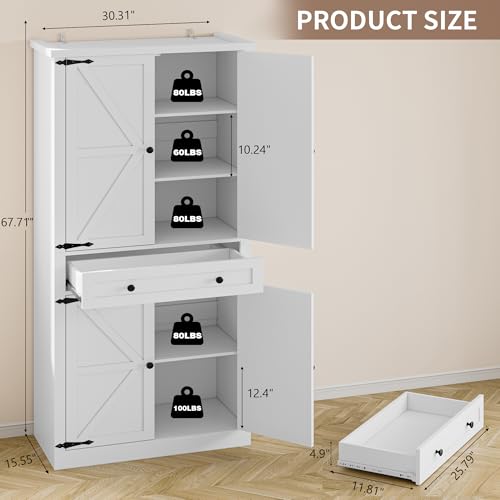 BORNOON Pantry Organizers and Storage Cabinet, 67.7” Barn Door White Kitchen Cabinet with Drawers and Adjustable Shelf, Tall Pantry for Kitchen, Dining Room, Living Room - color: White, size: Single Drawer