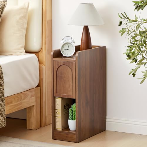 Narrow Nightstand, Slim Bedside Table with Raised Edge Top, Arched Drawer & Open Shelf, Modern Wooden Small Side End Table for Bedroom or Living Room (1, Walnut) - color: Walnut-arched Drawer, size: 1-Pack