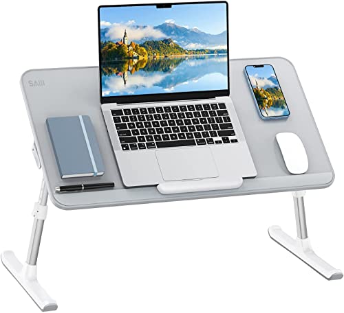 SAIJI Laptop Bed Tray Table(Large Size), Adjustable Height & Angle Laptop Stand for Bed with Detachable Stopper,Leather Bed Desk for Laptop,Portable Laptop Tray for Bed Sofa Couch and Floor (Grey)