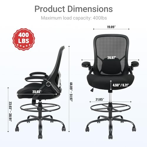 400lbs Big and Tall Heavy Duty Drafting Chair 5" Thickened Seat Tall Office Chair Flip-Up Armrests Ergonomic Chair with Lumbar Support and Adjustable Footrest Ring Standing Desk Chair (Black) - color: Black