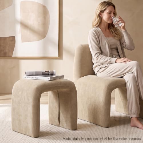 Hyfirm Accent Chair with Matching Side Table, Sculptural Design, Khaki | Sculptural armless reading chair with matching upholstered side table for living rooms, bedrooms, and reading nooks - color: Kakhi Chenille