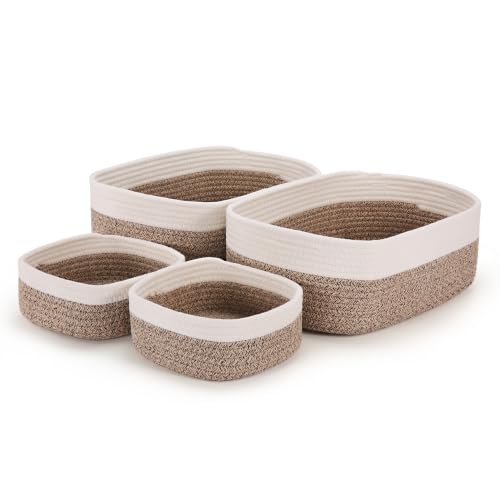 4-Pack Large Woven Rope Storage Baskets, 2 Sizes Organizer Bins | Fabric Cube Boxes and Rectangular Shallow Bins for Closet, Shelf, Bookshelf, Nursery, Changing Table, Bathroom, Toys & Home - color: natural & white, size: 2pcs-14.96*11.02*5.11'' & 2pcs-7.