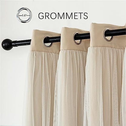 INLINAS Blackout Curtains with Sheer Overlay, Beige, 52x84 Inches | Grommet Top Double Layer Curtains for Bedroom and Living Room Thermal Reduction Light Blocking and Energy Saving, Set of 2 - color: Beige, size: 52"W x 84"L (Pack of 2)