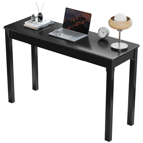 100% Solid Wooden Desk with Drawers - 47 x 16 Inch Modern Narrow Desks, Rubber Wood Study Table, Small Writing Desk for Small Spaces|Bedroom - Black Desks - color: Black, size: 47.2 in W x 15.7 in D