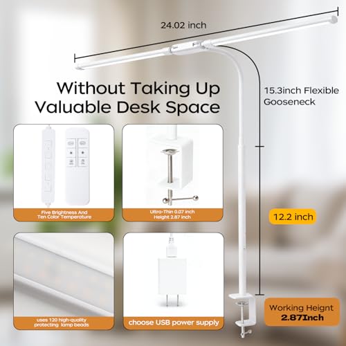 LED Desk Lamp with Clamp, Dual Head Desk Light for Home Office, Eye-Caring Monitor Desk Lamp with Remote, Flexible Gooseneck Architect Task Lamp, 10 Brightness Levels & 5 Color Modes White - color: White