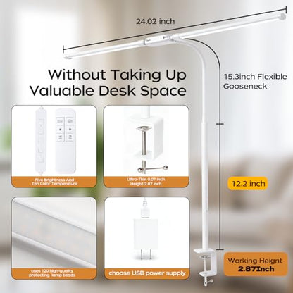 LED Desk Lamp with Clamp, Dual Head Desk Light for Home Office, Eye-Caring Monitor Desk Lamp with Remote, Flexible Gooseneck Architect Task Lamp, 10 Brightness Levels & 5 Color Modes White - color: White