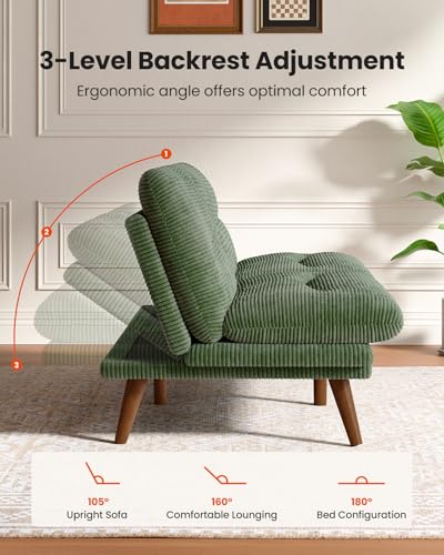 Amada 75 inch 3-in-1 Convertible Futon Sofa Bed, Green | Adjustable backrest and armrests, heavy-duty wood frame and solid wood legs, loveseat for compact apartments and offices - color: Green, size: 75 Inch