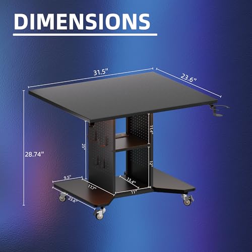 Pamray Small Gaming Desk Rolling Computer Table Balck | Movable, with Led Lights Power Outlets, with Storage Pegboard and Hook, Sturdy, Suitable for Study Gaming Bedroom Dorm - color: Black