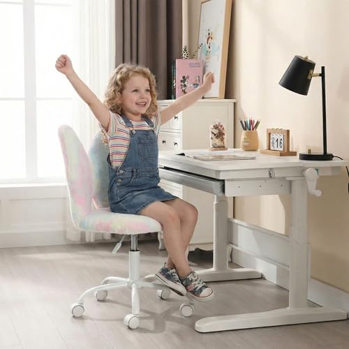 chairus Kids Desk Chair Butterfly Faux Fur Study Chair for Teenage Girls Adjustable Kids Vanity Chair for Bedroom Reading Living Room, Small Cute Student Task Chair with White Foot, Macaron - color: Butterfly, Macaron