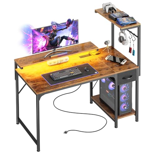 39.4 Inch Gaming Desk with LED Lights & Power Outlets | Small Computer Desk with Drawer & Storage Shelves, Office Writing Desk with Monitor Stand for Work from Home, Rustic Brown - color: Rustic Brown, size: 39.4 Inch