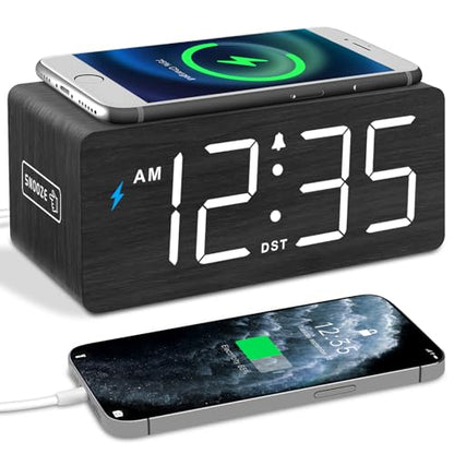 DreamSky Wooden Digital Alarm Clock with Wireless Charging for Bedroom | Bedside Nightstand Clock with Charger Station, USB Port, Large Numbers, Adjustable Volume, Brightness Dimmer, DST - color: Black
