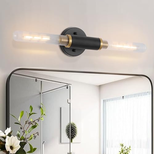 Modern Wall Sconces 24" Knurled Texture Cylinder Bathroom Vanity Lights Fixtures with Clear Striped Glass Shade 2-Lights Brushed Brass Gold Black Indoor Wall Lighting for Bedroom Hallway - color: Gold Black Knurled Texture/Clear