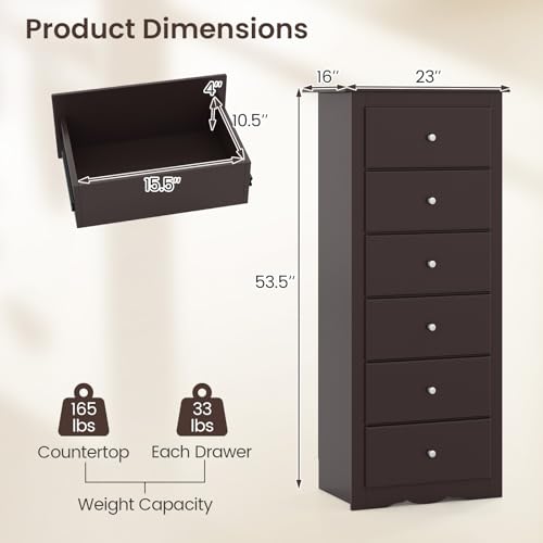 GIANTEX 6-Drawer Dresser for Bedroom, Wooden Chest of Drawers w/Metal Handles & Large Capacity, 16" D x 23.5" W x 53.5" H Clothes Organizer, Modern Tall Dresser for Bedroom, Entryway, Living Room - color: Brown