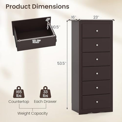 GIANTEX 6-Drawer Dresser for Bedroom, Wooden Chest of Drawers w/Metal Handles & Large Capacity, 16" D x 23.5" W x 53.5" H Clothes Organizer, Modern Tall Dresser for Bedroom, Entryway, Living Room - color: Brown