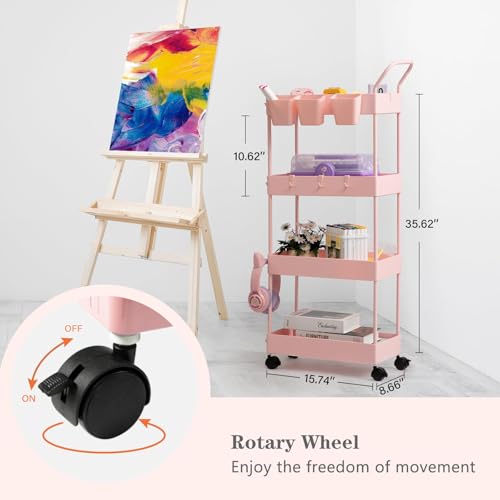 4-Tier Pink Slim Storage Cart, Narrow Laundry Cart with Wheels, Dividers, Hanging Cups, Hooks, Easy Assembly - style: 4 Tier Pink