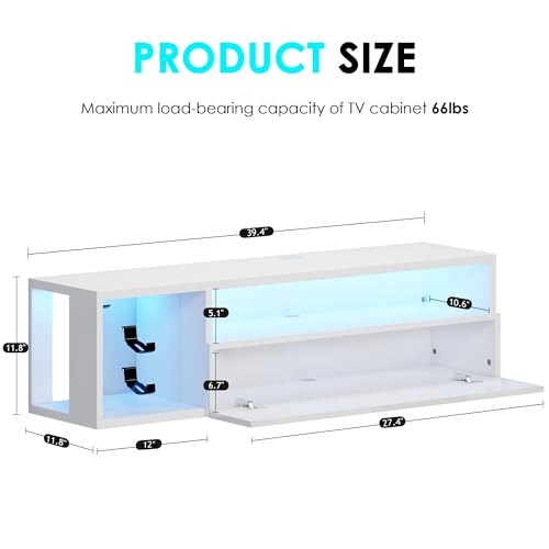 DlandHome 39.3" W Floating TV Stand with LED, Wooden Entertainment Center | Wall-Mounted Media Console, Floating Shelf for Under TV Wall Mount with Storage Shelves for Bedroom Living Room, White - size: 39.3'' White