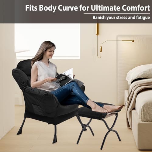 Youtanic Lazy Chair with Folding Ottoman, Accent Chair Velvet Upholstered with Metal Structure and Non-Slip Pads, Sofa Armchair with Footrest and Side Storage Bag for Dorm, Room, Office, Black - color: Black-f