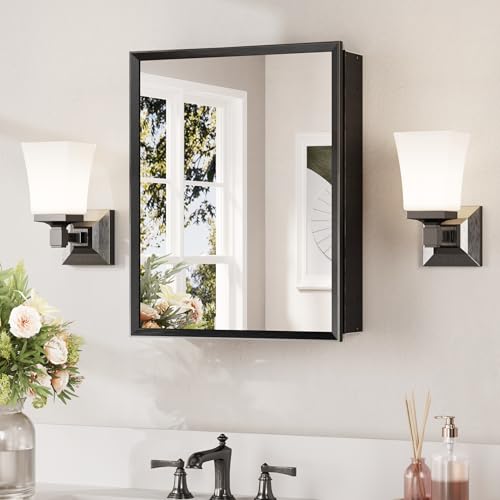 Keonjinn Small Black Medicine Cabinet Mirror 14" x 18", Assembly Needed | Adjustable Shelves, Wall-Mounted or Recessed Bathroom Mirror with Storage, Suitable for Compact Apartment, Beveled Framed - color: Black, size: 15x19 In